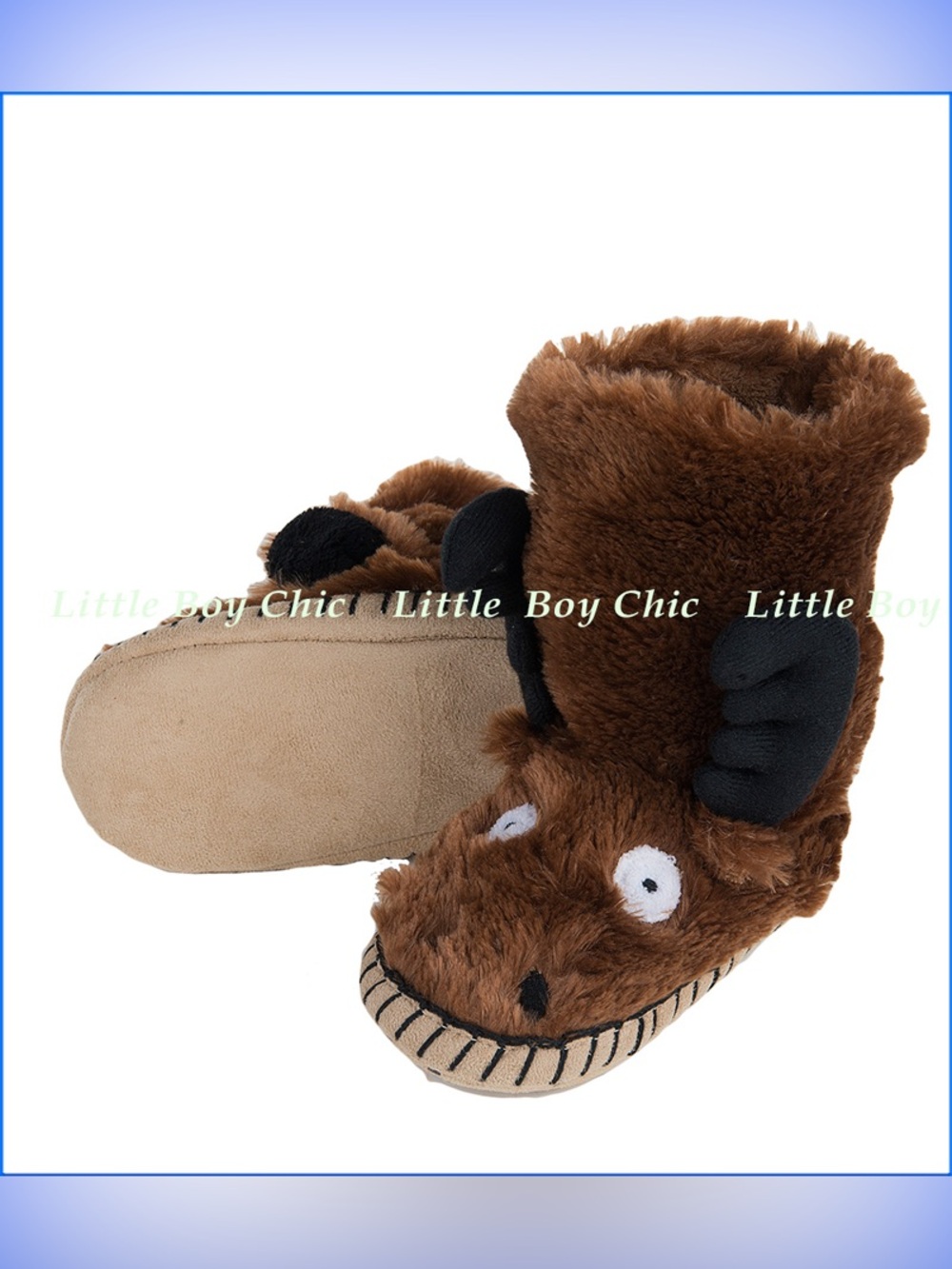 Kids Brown Plush Moose Footie Slippers